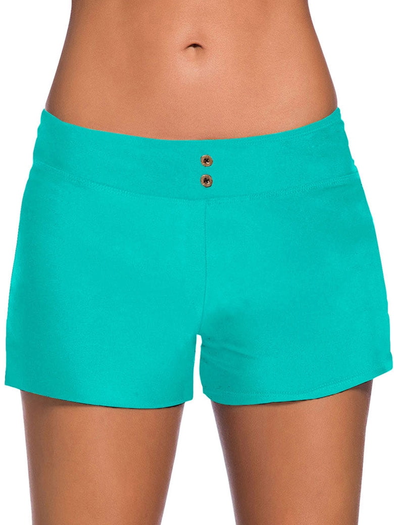 Nlife Women Low Waist Elastic Button Solid Color Swimming Shorts — free download