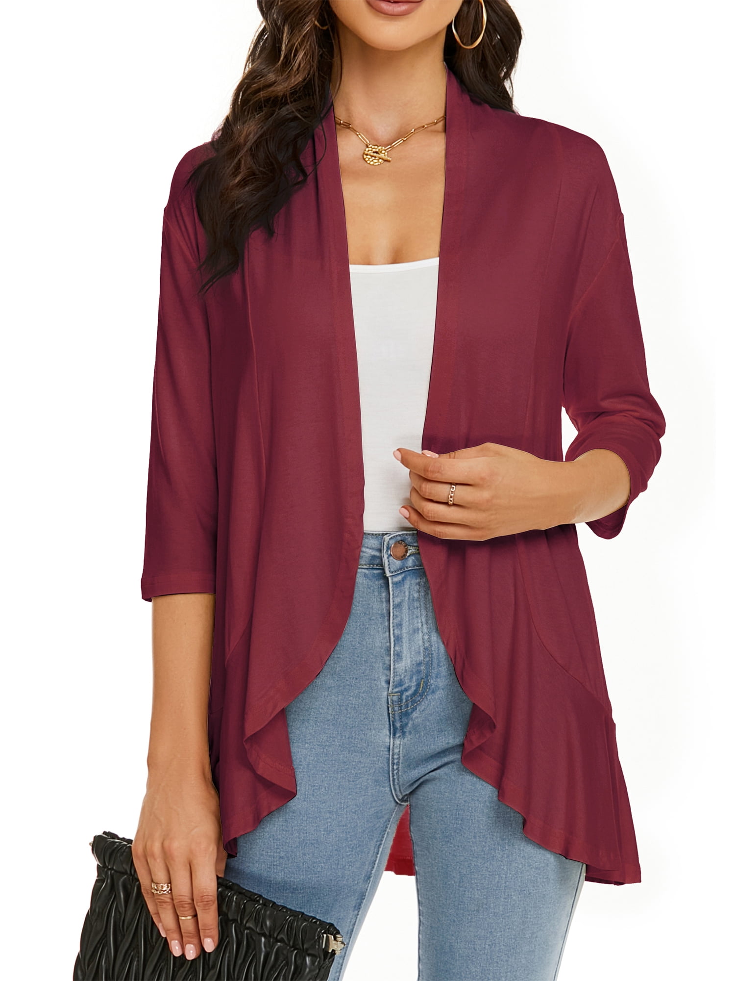 Draped Ruffles Nlife Women Open Front 3/4 Sleeve Lightweight Cardigan with Draped ...