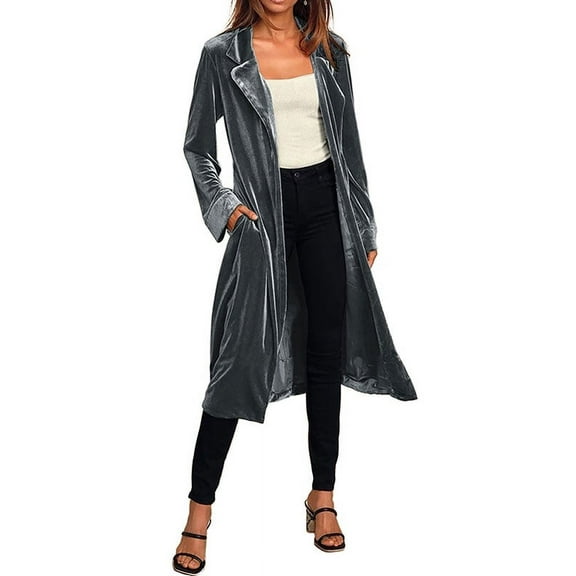 Nlife Women Open Front Lapel Neck Pocket Tie Waist Velvet Cardigan