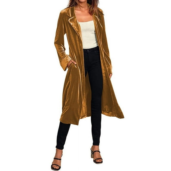 Nlife Women Open Front Lapel Neck Pocket Tie Waist Velvet Cardigan