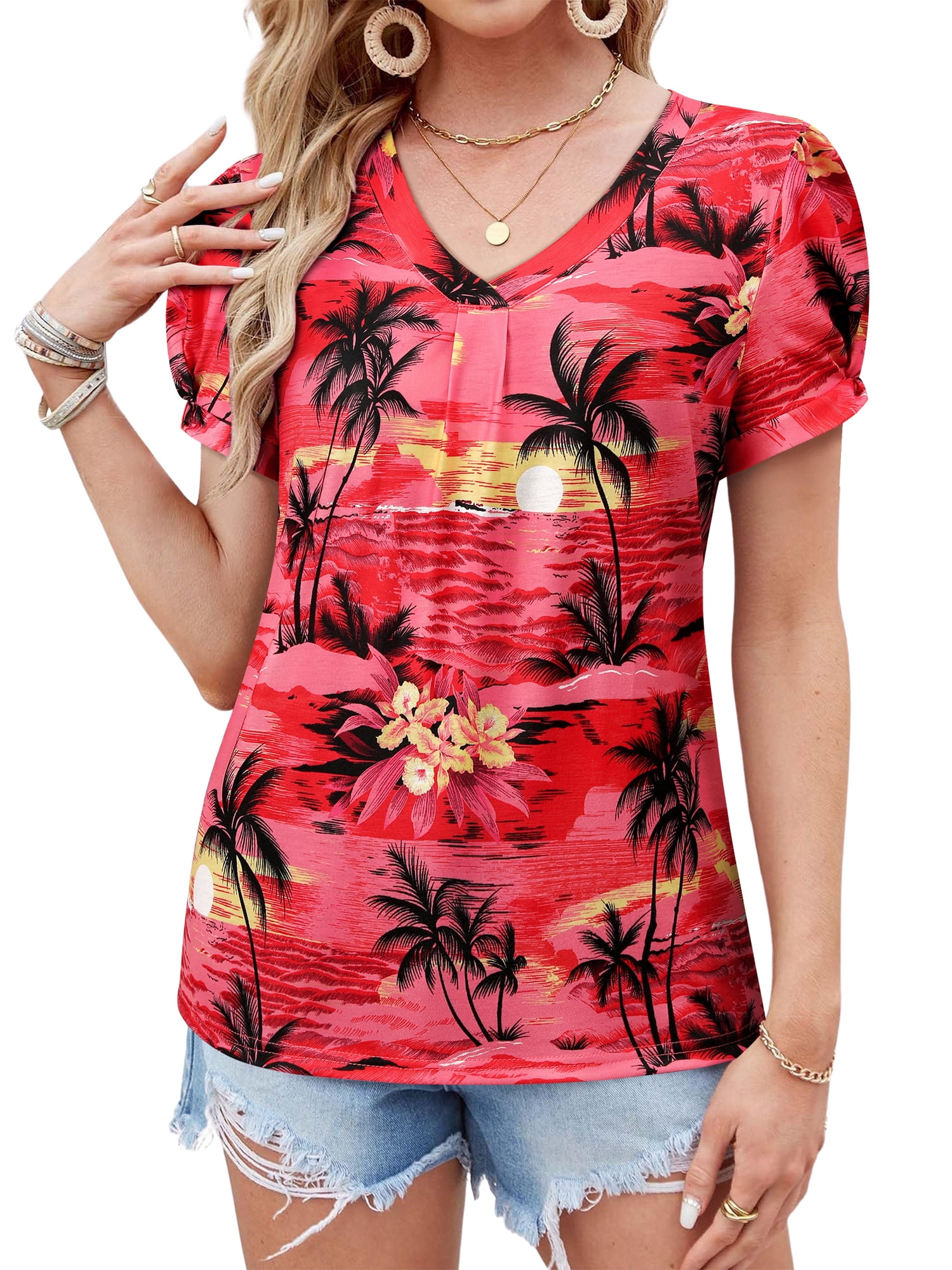 Nlife Women Puff Short Sleeve Hawaiian Shirts Floral Tropic Printed Top ...