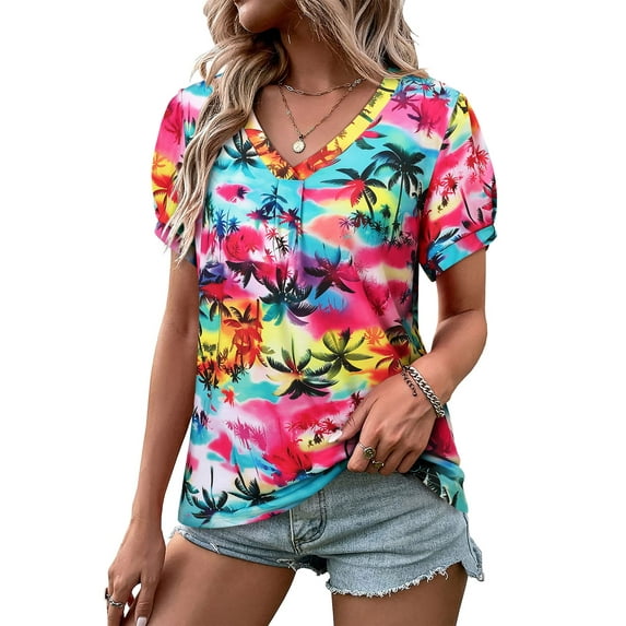 Nlife Women Puff Short Sleeve Hawaiian Shirts Floral Tropic Printed Top Pleated V Neck Boho T-shirt Summer Casual Trendy Boho Blouse