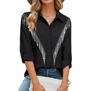 NFTOEIULA Nlife Women Rhinestone Fringe Shirt V-Neck Rolled 3/4 Sleeve Top Western Cowgirl Jacket