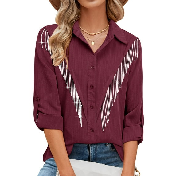 Nlife Women Rhinestone Fringe Shirt V-Neck Rolled 3/4 Sleeve Top Western Cowgirl Jacket