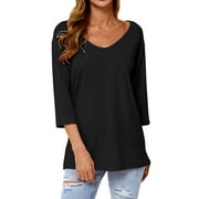 Nlife Women Round Neck 3/4 Sleeve Solid Color Tunic Top