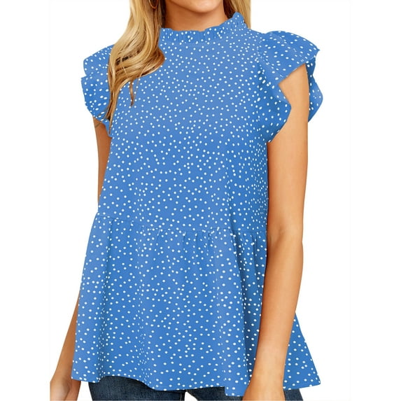 Nlife Women Ruffled Short Sleeve Button Closure Polka Dots Shirt