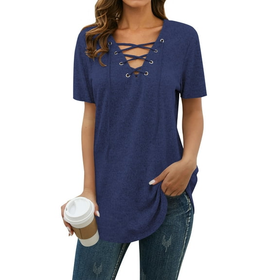 Nlife Women Short Sleeve Lace Up V Neck Long Sleeve Top