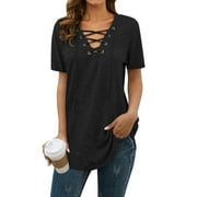 Nlife Women Short Sleeve Lace Up V Neck Long Sleeve Top