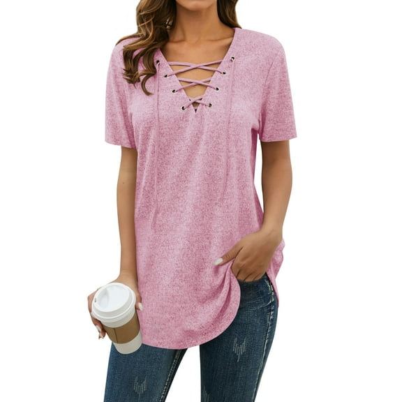 Nlife Women Short Sleeve Lace Up V Neck Long Sleeve Top