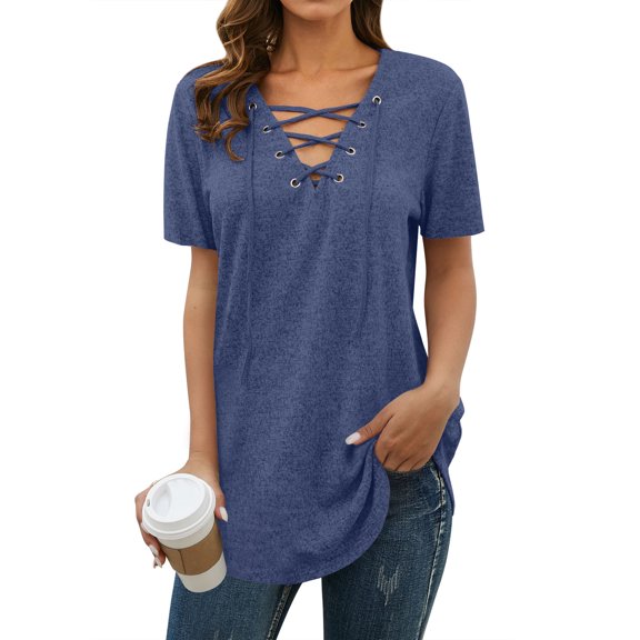 Nlife Women Short Sleeve Lace Up V Neck Tunic Top