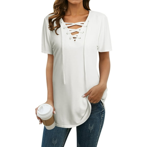 Nlife Women Short Sleeve Lace Up V Neck Tunic Top