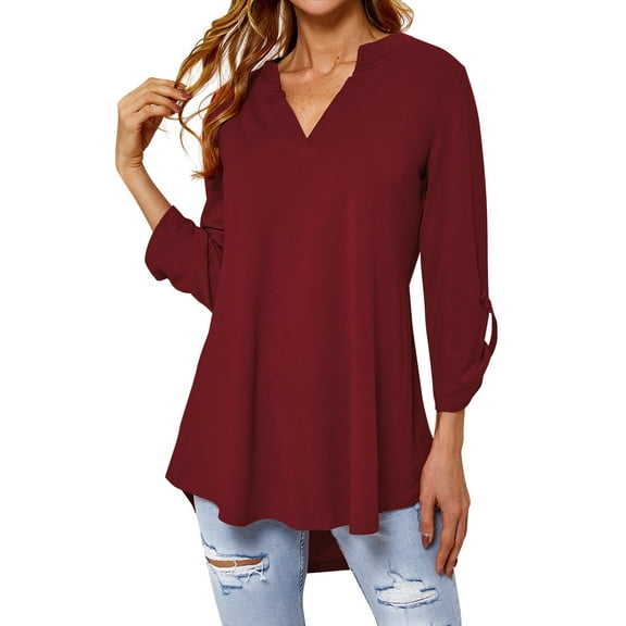 Nlife Women Solid Color 3/4 Sleeve V Neck Shirt