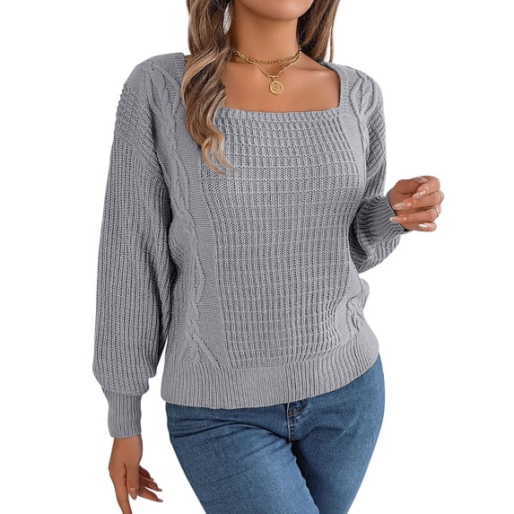 Nlife Women Square Neck Lantern Long Sleeve Cable Ribbed Knit Sweater