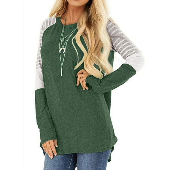 Nlife Women Stripe Colorblock Long Sleeve Round Neck Shirt