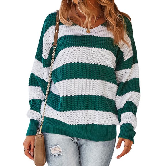 Nlife Women Stripe Print Colorblock Crew Neck Batwing Long Sleeve Sweater