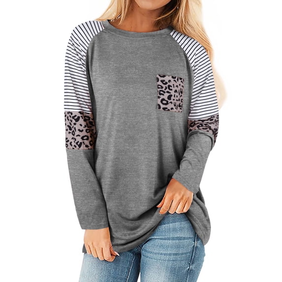 Nlife Women Stripes Leopard Crew Neck Long Sleeve Pocket Shirt