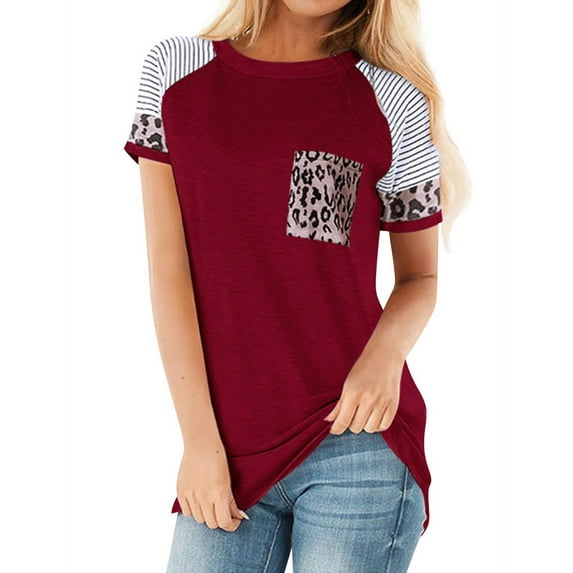 Nlife Women Stripes Leopard Crew Neck Short Sleeve Pocket T-Shirt