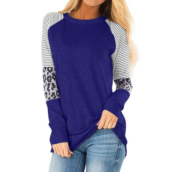 Nlife Women Stripes Leopard Print Crew Neck Long Sleeve Top