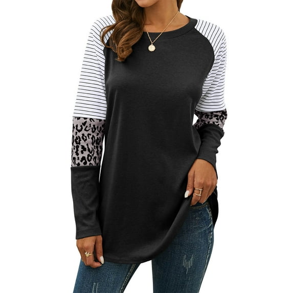Nlife Women Stripes Leopard Print Crew Neck Long Sleeve Top