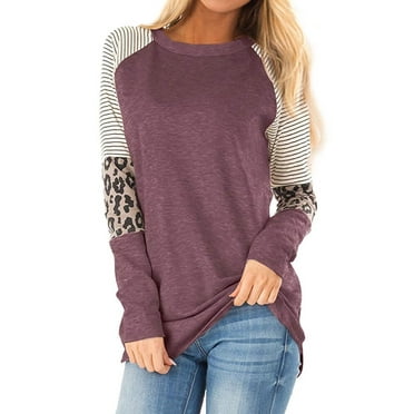 Nlife Women Stripes Leopard Print Crew Neck Long Sleeve Top