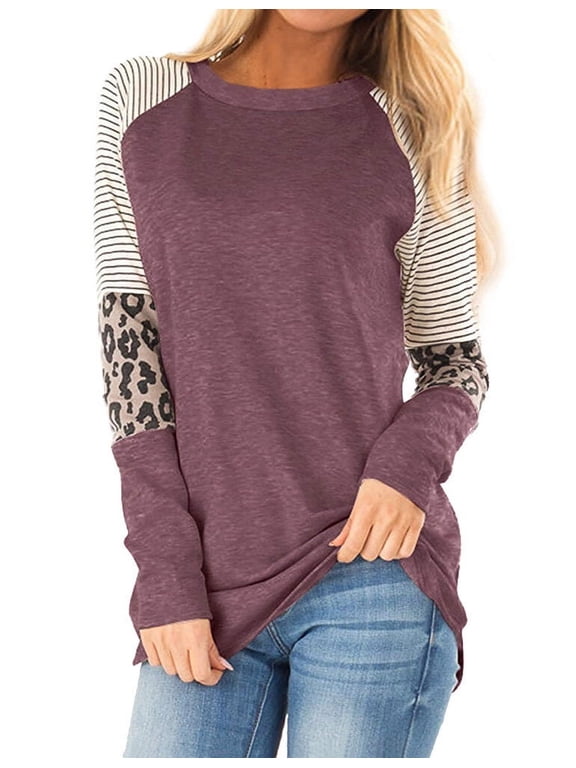 Nlife Women Stripes Leopard Print Crew Neck Long Sleeve Top