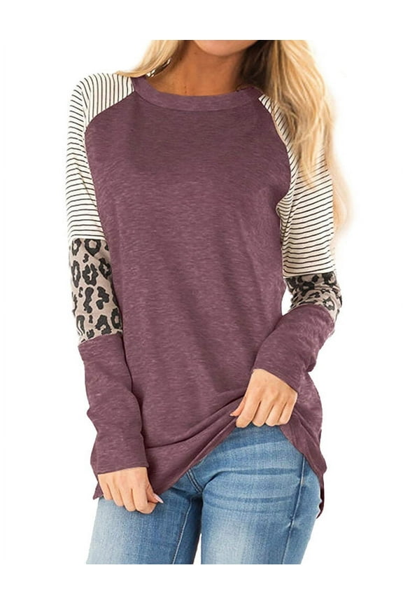 Nlife Women Stripes Leopard Print Crew Neck Long Sleeve Top