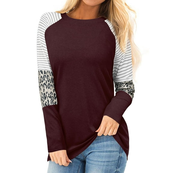 Nlife Women Stripes Leopard Print Crew Neck Long Sleeve Top