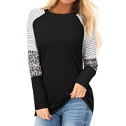 Nlife Women Stripes Leopard Print Crew Neck Long Sleeve Top