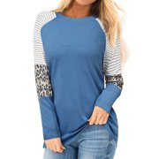 Nlife Women Stripes Leopard Print Crew Neck Long Sleeve Top