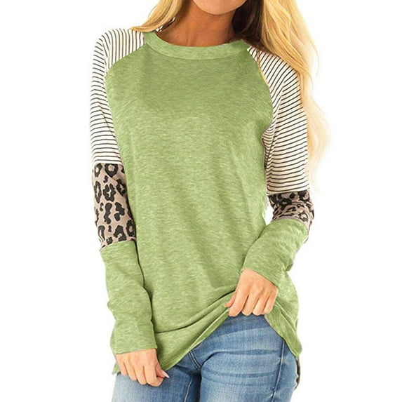 Nlife Women Stripes Leopard Print Crew Neck Long Sleeve Top