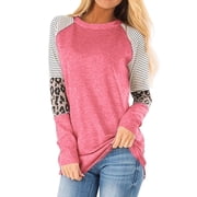 Nlife Women Stripes Leopard Print Crew Neck Long Sleeve Top