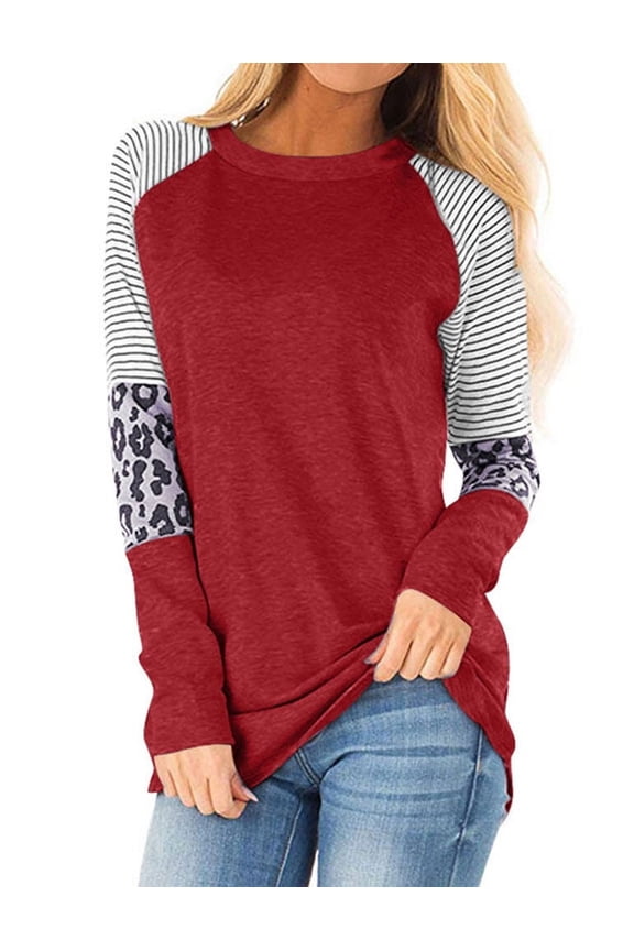 Nlife Women Stripes Leopard Print Crew Neck Long Sleeve Top