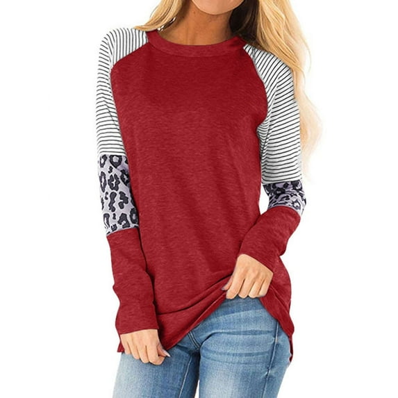 Nlife Women Stripes Leopard Print Crew Neck Long Sleeve Top
