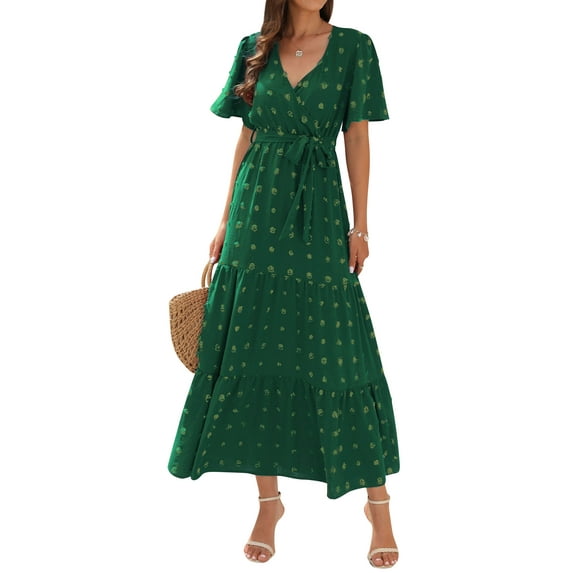 Nlife Women Swiss Dots V Neck High Waist Lace Up Flutter Sleeve Maxi Dress