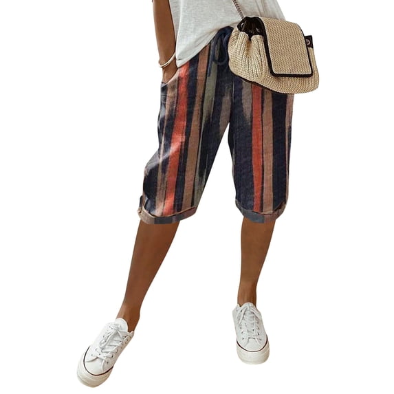 Nlife Women Tie Waist Linen Blend Side Pockets Bermuda Cropped Pants