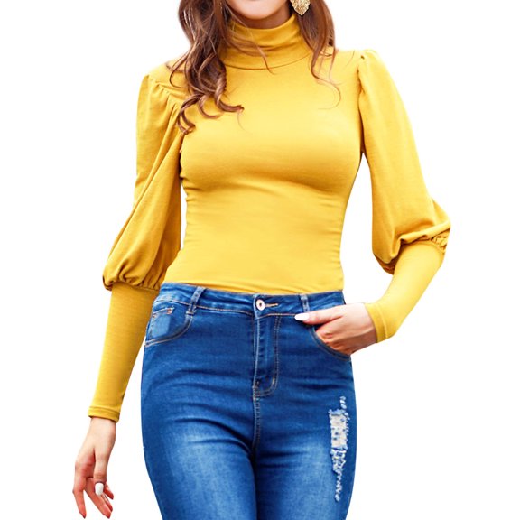 Nlife Women Turtle Neck Puff Long Sleeve Waisted Solid Color Top