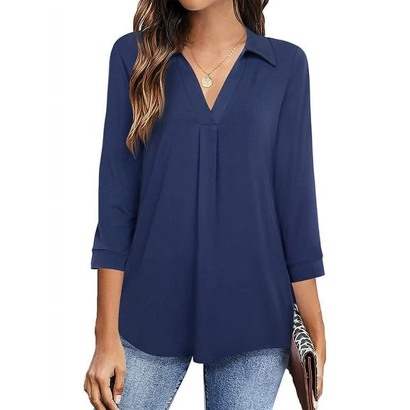 Nlife Women V Neck 3/4 Sleeve Solid Color Pleated Blouse