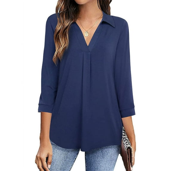 Nlife Women V Neck 3/4 Sleeve Solid Color Pleated Blouse