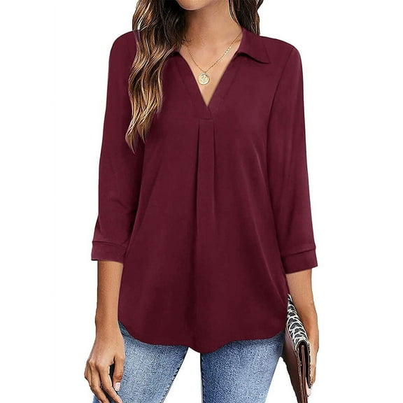 Nlife Women V Neck 3/4 Sleeve Solid Color Pleated Blouse