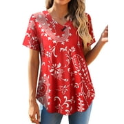 NFTOEIULA Nlife Women Floral Print V-Neck Short Sleeve Tunic Blouse Casual Top
