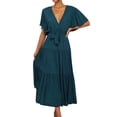 thumbnail image 1 of Nlife Women V Neck Flare Sleeve Pleated Tiered Tie Waist Maxi Dress, 1 of 7