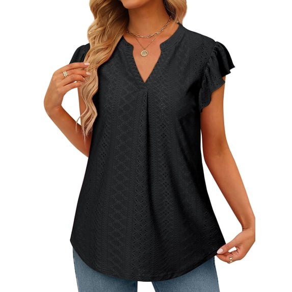 Nlife Women V Neck Flutter 1/4 Sleeve Pleated Textured Curved Hem Blouse