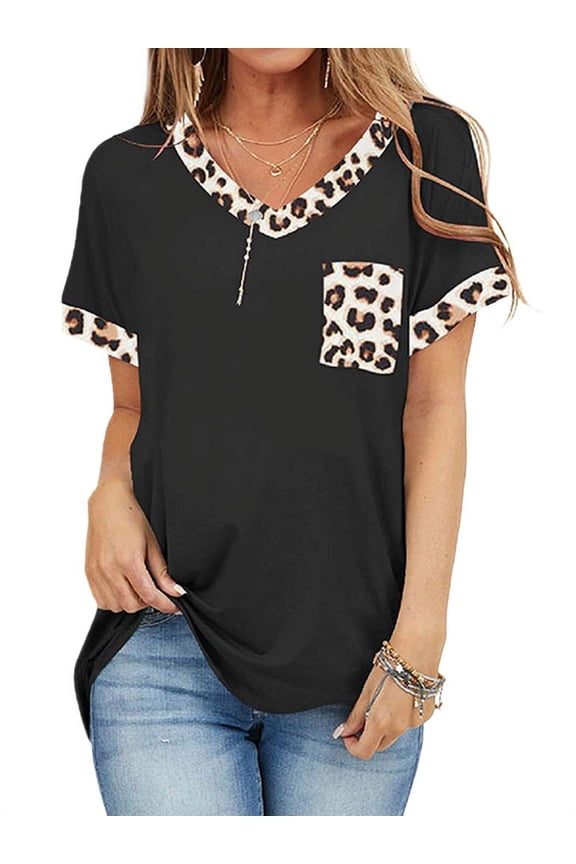 Women V Neck Leopard Patchwork Pocket Short Sleeve Tee Shirt
