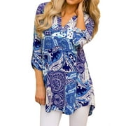 NFTOEIULA Nlife Women Bohemian Floral Print V-Neck Short Sleeve Casual Blouse Top.