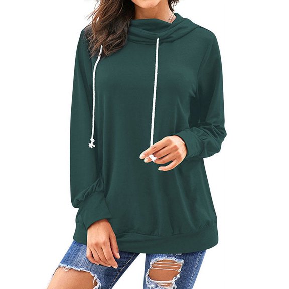 Nlife Women's Cowl Neck Long Sleeve Solid Drawstring Hooded Sweatshirt