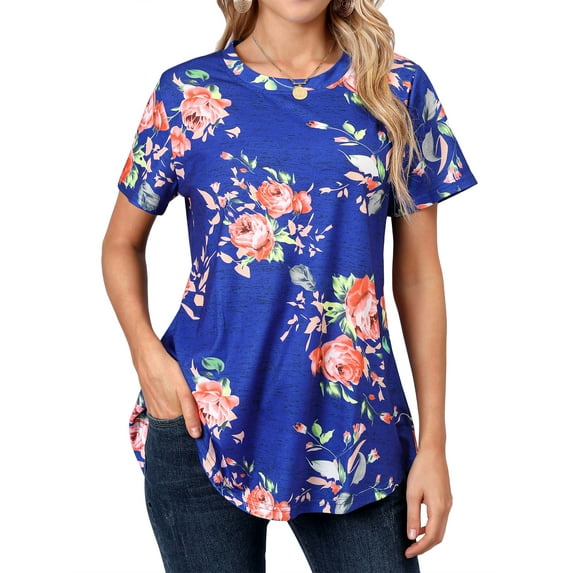 Nlife Women Floral Print Top Short Sleeve Tunic Boho Blouse Casual Summer Shirts