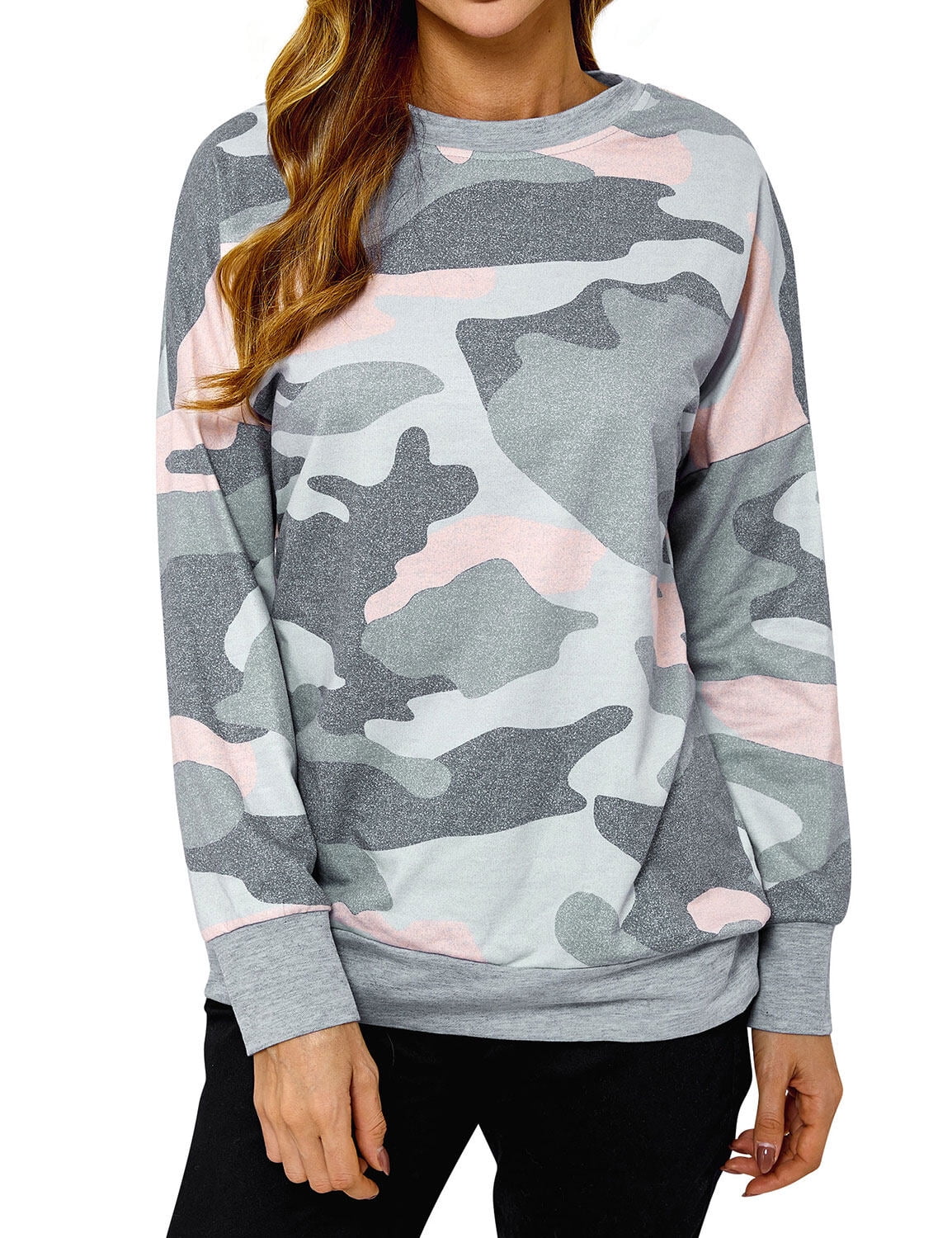 Nlife Women's Long Sleeve Camouflage Print Tops, S