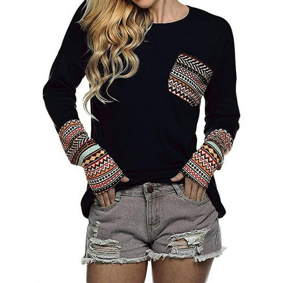 Nlife Women's Long Sleeve Round Neck Boho Print Cuff Top