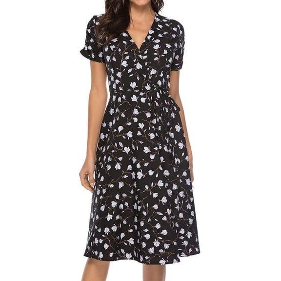 Nlife Women's V Neck Short Sleeve Floral Print Bohemian Pleated Midi Dress