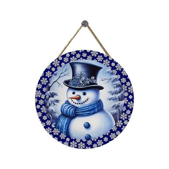 Nmdmisc 11.8" Christmas Snowman Wooden Hanging Sign Blue Cartoon Snowman Door Hanger Sign Surrounded by Snowflakes Xmas Round Welcome Decor Sign Wreaths for Holidays Home Wall Window (Snowman)